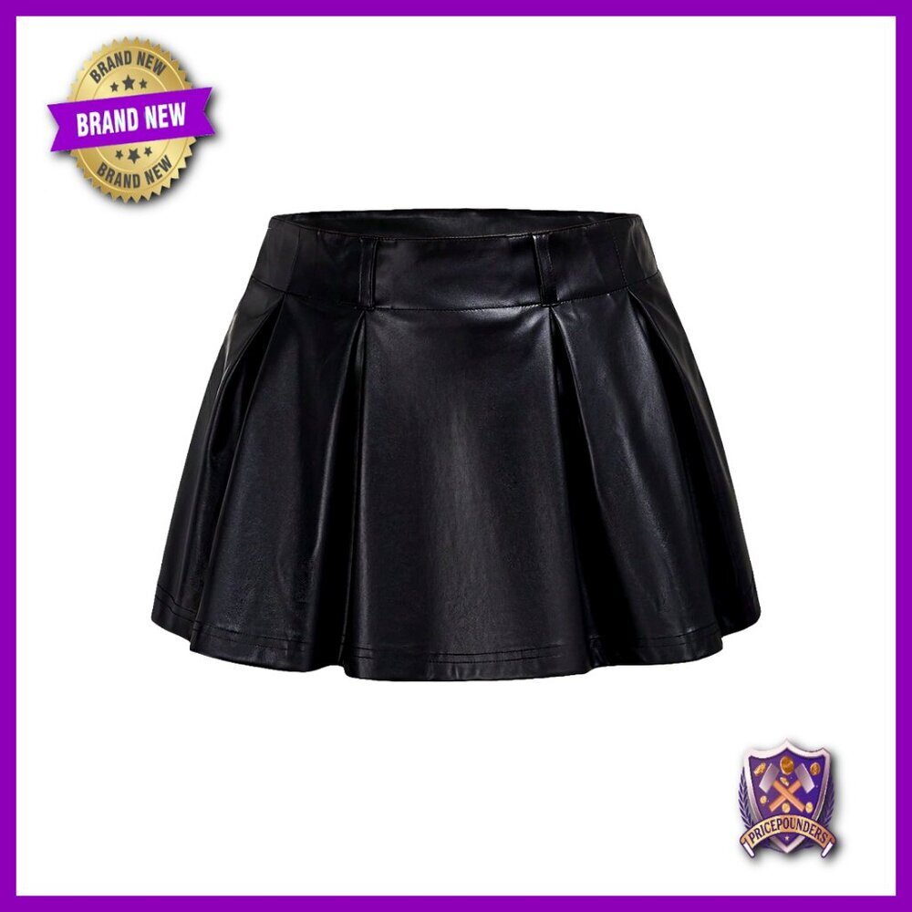 PU Leather Mini Skirt with Shorts Flared Hem A-Line Pleated